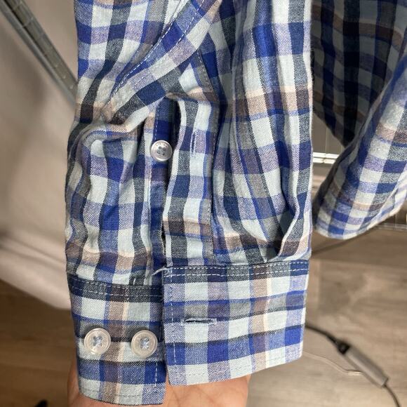 Carbon 2 Cobalt Men's Linen Check Button Up Shirt Size L Preppy Old Money Casual - Picture 11 of 13